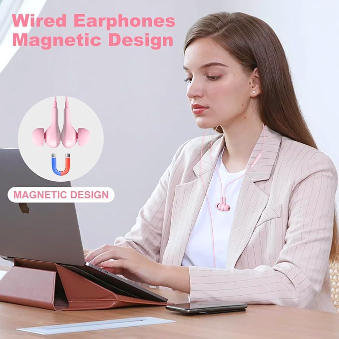 USB C Headphones Wired Earbuds for iPhone 17 16/15 Pro Max/iPad Pro, with HiFi Mic Volume Control Type C Earphones for Samsung Galaxy S25/S24/S23 Ultra, Noise Cancelling for iPhone 15 Headphones, Pink