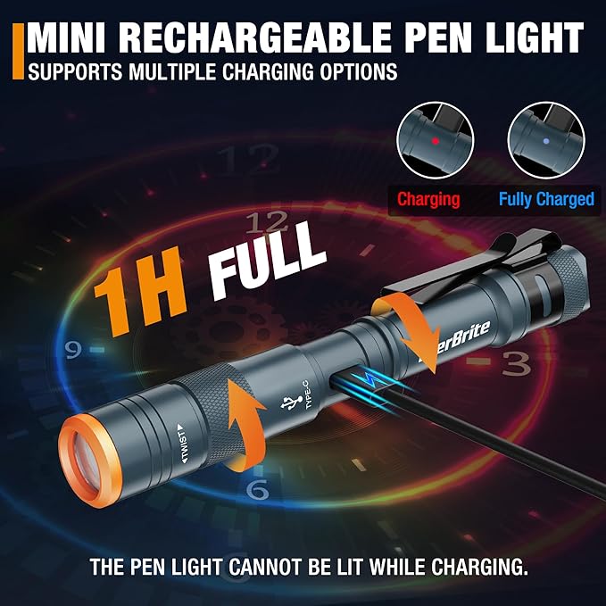 EverBrite Mini Pen Light, Rechargeable Pocket Pen Flashlight with USB C Cable, 4 Light Modes, 300 Lumens Small Flashlight with Clip for Inspection, Repair, Outdoors, Emergency, Deep Blue