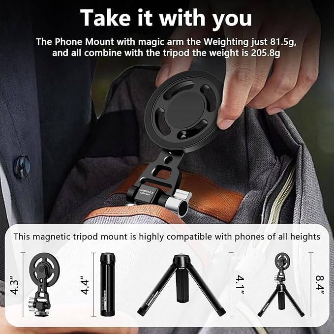 Aluminum Magnetic Stand Mount with Cold Shoe Mount for iPhone,Adjustable Rotable Cellphone Tripod Stand Holder for iPhone,Camera Monitoring.