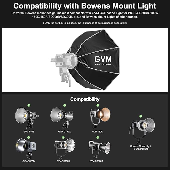 GVM Soft Boxes Lighting, Bowens Mount with Honeycomb Grid, Compatible with P80S/ SD80D/SD80S/GVM-G100W/GVM-PR150R/GVM-PRO-SD200B/GVM-PRO-SD300B and Other Bowens Mount Light, Suitable for studio Photog