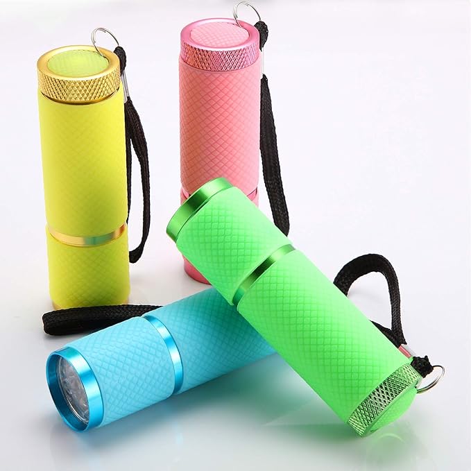 Mudder 8 Pieces Glow in Dark Flashlights Set, 9 LED Mini Flashlights Rubber Coated with Handle, LED Fluorescent Aluminum Portable Flashlight for Parties, Hiking, Camping, 4 Colors