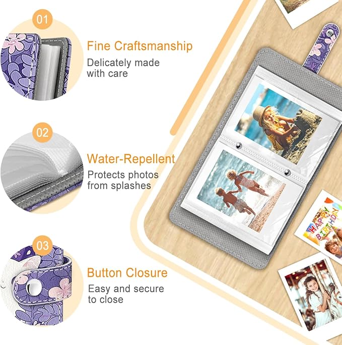 Lebrocoli Purple Cat Small Photos Album for 2x3 Inch Films, 56 Pockets Mini Cute Albums Book for Polaroid Fujifilm Instax Mini Instant Camera Printer, Kpop Photocard Pictures Binders Holders Storage