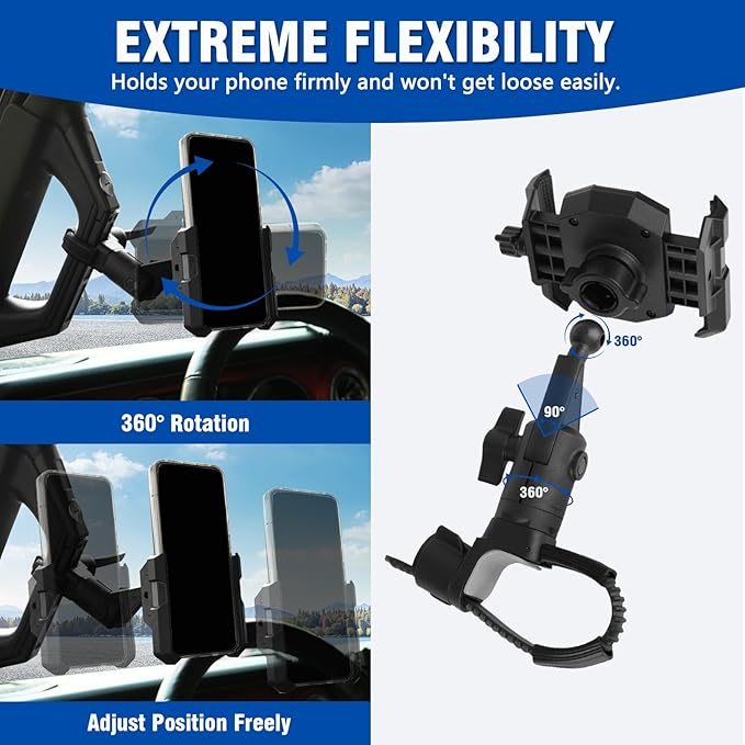 A Pillar Grab Handle Phone Mount Adjustable direction mobile phone holder Compatible with Jeep/Bronco/F-150/F-250/F-350/Chevrolet Silverado/GMC Sierra/Dodge Ram/Land Cruiser Fit for iPhone 14 15 16