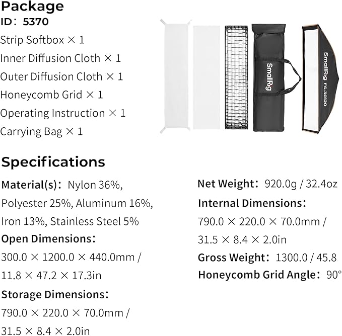 SMALLRIG 12'' x 47'' Quick Release Softbox Bowens FS-30120 with Diffuser/Honeycomb Grid/Bag, Softbox Compatible with SmallRig RC 220 pro, for Bowens Mount COB Lights, for Godox for Neewer -5370