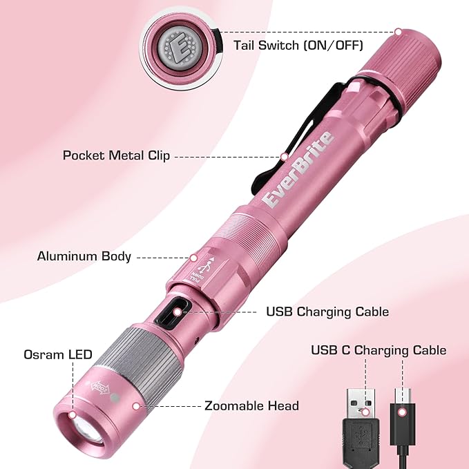 EverBrite Pen Light, Rechargeable Pen Flashlights, 300 Lumens Zoomable LED Small Flashlight with Clip, Memory Function, USB-C Cable Included, Pocket Size for Camping, Emergency, Mechanic, Pink