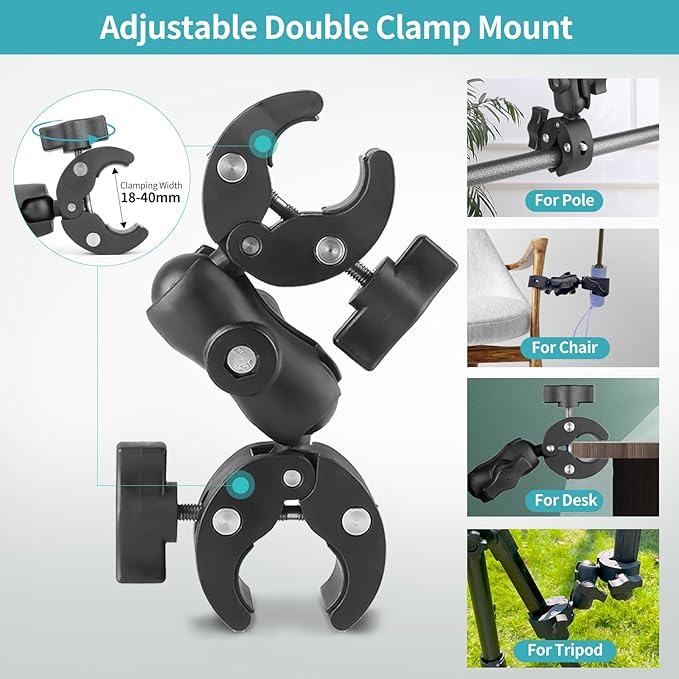 Double Clamp Mount Umbrella Chair Clamp with 360° Magic Arm, Umbrella Holder Clip for Chair Wheelchair Stroller Light Stand, Photography Reflector, Motorcycle, Live Scope Pole, Photo Boom Stand