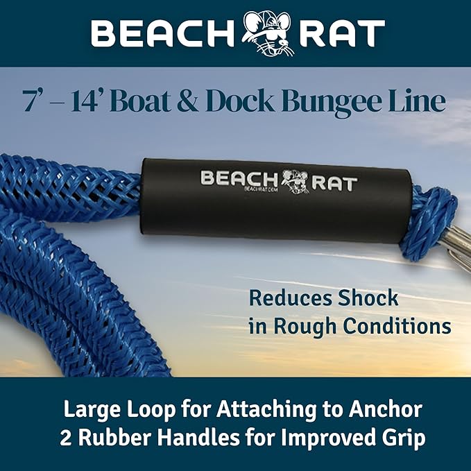 Beach Rat 7-14’ Bungee Boat Anchor & Dock Line with Stainless Steel Clip – Reduces Shock to Anchors, Docks, Cleats & Pylons – Boat Rope That Stretches – Beach Rat Anchor Accessory (Blue)