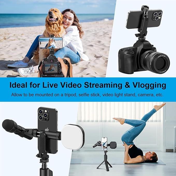 Phone Tripod Mount iPhone Holder for Tripod, Universal Smartphone Mount Adapter with 2 Cold Shoes, 360° Rotate Adjustable Cellphone Clip Clamp Holder for iPhone Android Camera
