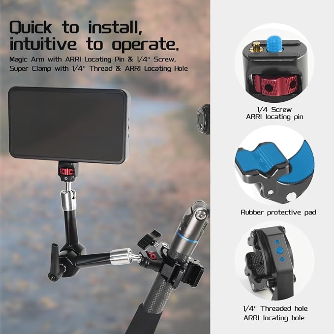 FIFIELD CNC Machined 7" Articulating Magic Arm Clamp Mount with Super Clamp, 360° Dual Ball Head & 1/4" ARRI Locating Pin&Holes, Heavy-Duty Camera Monitor Mount for Camera, Phone, LED Light, Phone,7"