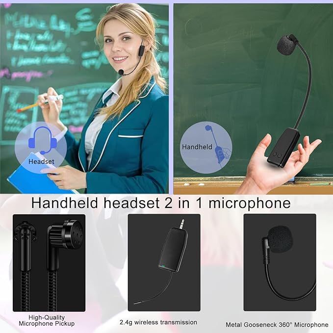 Wireless Dual Microphone Headset Professional: 2.4G Cordless Head Mic for 2 People - 160ft Range,1/8'' and 1/4'' Plug, for Singing, Tours, Speaker, Fitness, Voice Amplifier, PA System