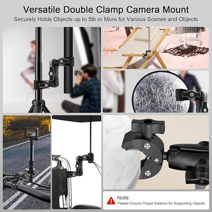 Double Clamp Camera Mount - Universal Bracket for Golf Carts, Umbrella Clamp, Desktop, Strollers, Wagons, Photo Studio, and More, Magic Arm Double Ball Head Adapter
