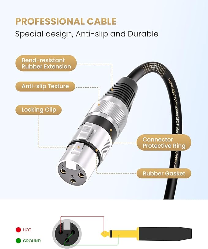 Tisino Female XLR to 1/4 (6.35mm) TS Mono Jack Unbalanced Microphone Cable Mic Cord for Dynamic Microphone - 10 FT/3 Meters