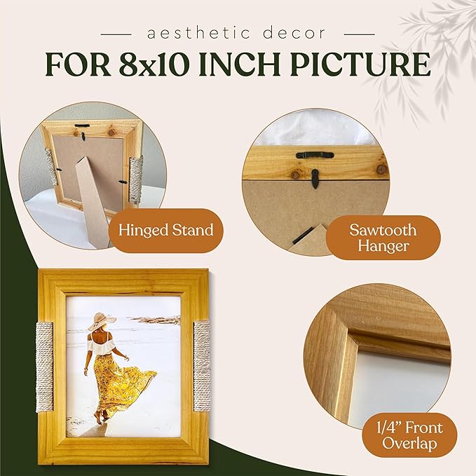 Rattan and Wood Picture Frame for 8x10 Inch Photo or Artwork - Boho, Coastal, or Beach Photo Frame, Wooden Decorative Frames for Natural Modern Tabletop Stand and Wall Mount - Golden Brown