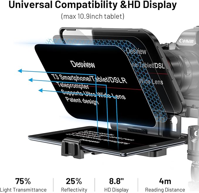 Desview T3 Teleprompter Teleprompter with Remote Control Work with iPad/Tablet/Smartphone up to 10 inch High Display Mirror Support Wide Angle Lens Great Partner for Live Streaming