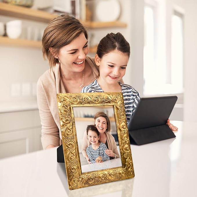 Vintage 5 x 7 Gold Picture Frame Table Top Display Retro Flower Design Antique Picture Frames with HD Glass Front, Great Gift Metal Photo Frames for Wedding Baby Family Portraits Home Office Decor