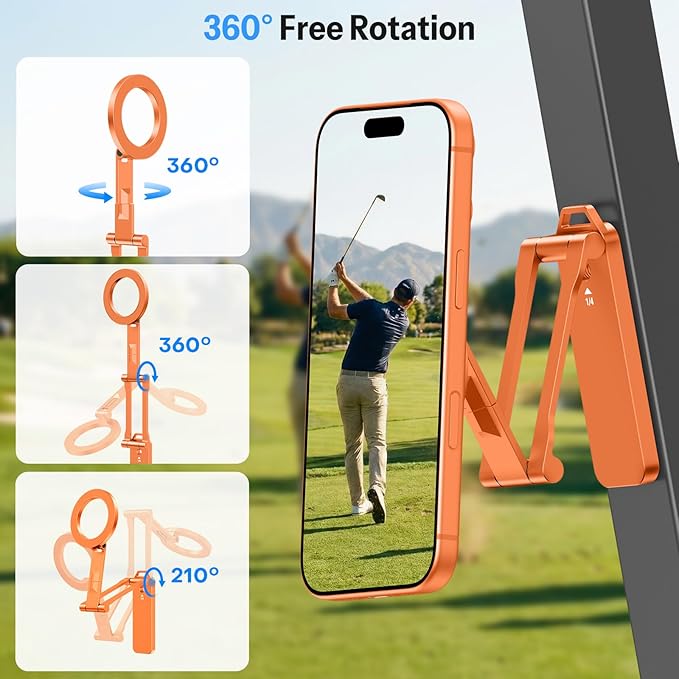 OMOTON CV08 Magnetic Golf Cart Phone Mount with [1/4” Screw + 5.6” Extendable Arm], 360° Rotatable Holder, Strong Magnets for iPhone & Samsung, Fits EZ-GO/Club Car, Includes Pouch & Strap (Orange)