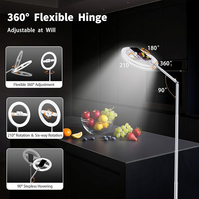 yAyusi 68.5" Overhead Phone Mount with Ring Light for iPhone, 3000mAh 360° Rotation Foldable Rechargeable Ring Light Phone Holder for Video Recording, Live Streaming, Artistic Creation, TikTok,YouTube