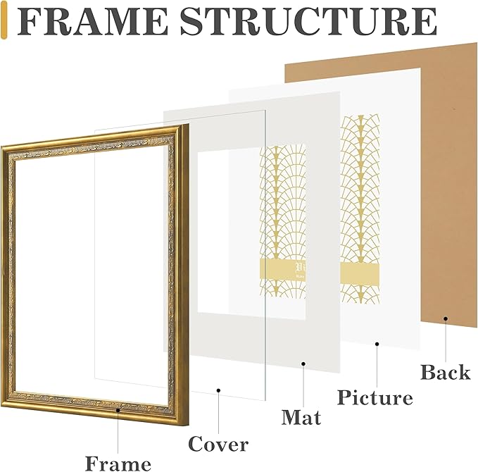VIOLABBEY 8x12 Matte Gold Picture Frame, Display 6x8 Photo with Mat or 8x12 without Mat, Ornate Vintage 8 x 12 Matte Gold Frame for Wall Decor or Tabletop Display