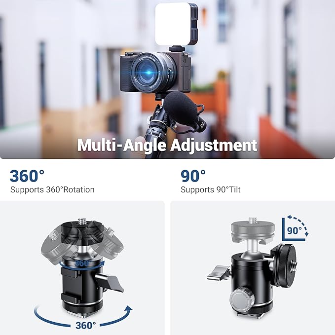 JJC 1/4''-20 Camera Tripod Ball Head Mount Adapter, Mini Ballhead with Cold Shoe Mount for Camera DSLR Tripod Selfie Stick LED Light Flash Microphone Phone Cage, 360-Degree Rotation, 90-Degree Tilt