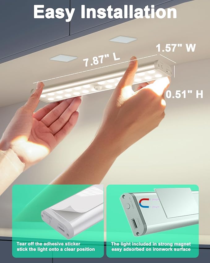 SZOKLED 58-LED Motion Sensor Under Cabinet Lights Wireless, RGB Closet Light Night Lights Remote, 1100mAh Rechargeable Under Cabinet Lighting Counter Lights for Indoor Kitchen, Stair (6 Packs)