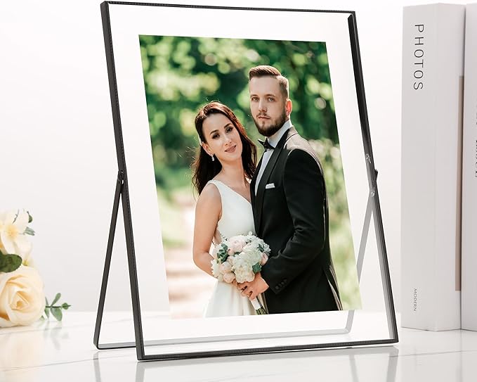 Black 8x10'' Floating Frame Set of 2,For Photo Sizes (5x7'',6x8'' 7x9''),Beautiful Metal Beaded Frames Adjustable Tabletop/Shelf Photo Frame,Classy Gift Choice for Wedding