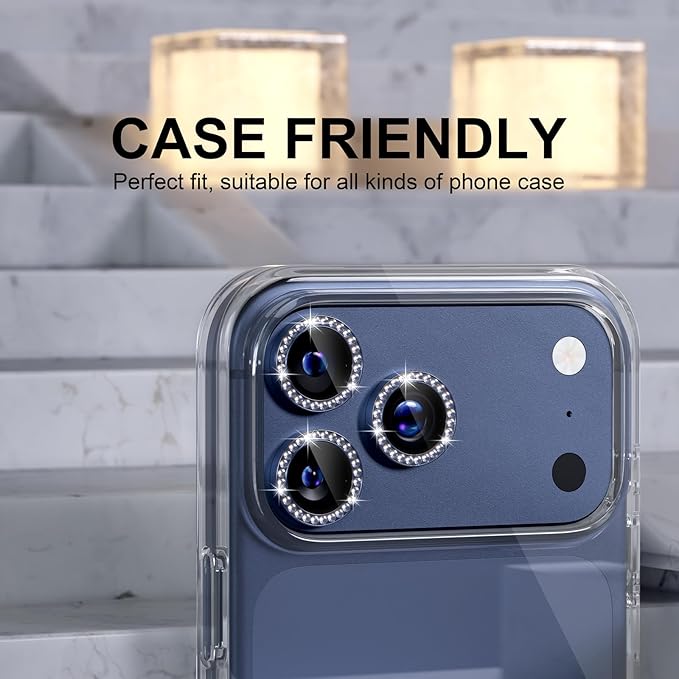 Choiche Compatible for iPhone 17 Pro/iPhone 17 Pro Max Camera Lens Protector Bling, 9H Tempered Glass Camera Cover Screen Protector Metal Ring Decoration Accessories (Diamond-Blue)
