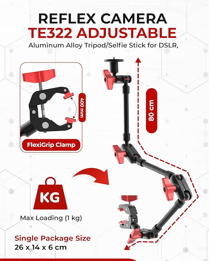 REFLEX CAMERA Metal Articulating 32" Magic Arm with Super Clamp Overhead Camera Mount – 1kg Load Capacity, Boom Arm with 1/4", 3/8" Screws Mounts - Photography, Videography & Streaming - Adjustable