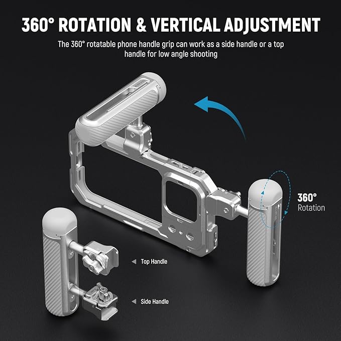NEEWER Quick Release Side Handle with Anti Off Cold Shoe, 360° Rotation, Nonslip Grid, Compatible with iPhone 16 Pro 16 Pro Max S25 Ultra Phone Cage Accessories, Silver + Gray, PA045
