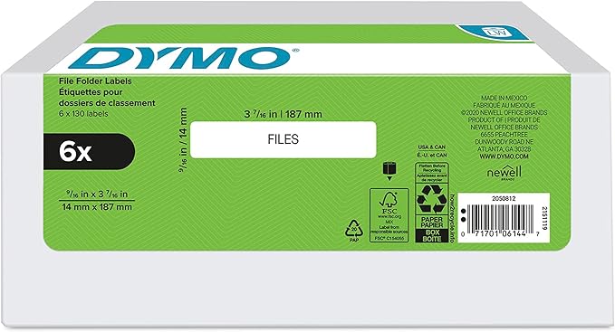 DYMO Authentic LW 1-Up File Folder Labels for LabelWriter Label Printers, White, 9/16" x 3-7/16", 6 Rolls of 130 (780 Total)
