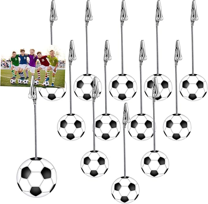 Jetec 12 Pcs Resin Sports Ball Base Memo Clips with Alligator Wire Table Number Card Place Holders Photo Stand for Office Menu Wedding Party Events Decoration(Soccer)