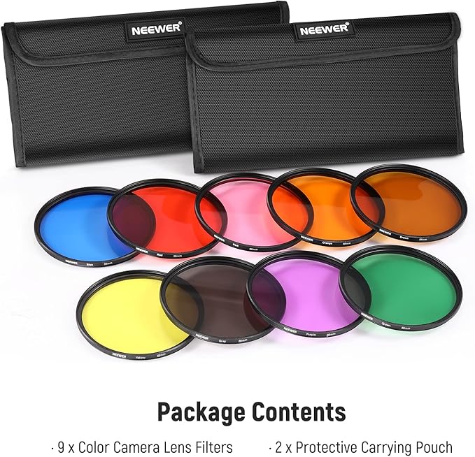 Neewer 9 Pack 55mm Colorful Resin Filter with Red, Orange, Blue, Yellow, Green, Brown, Purple, Pink, Grey Available with 2 Pouches, Camera Lens Accessories