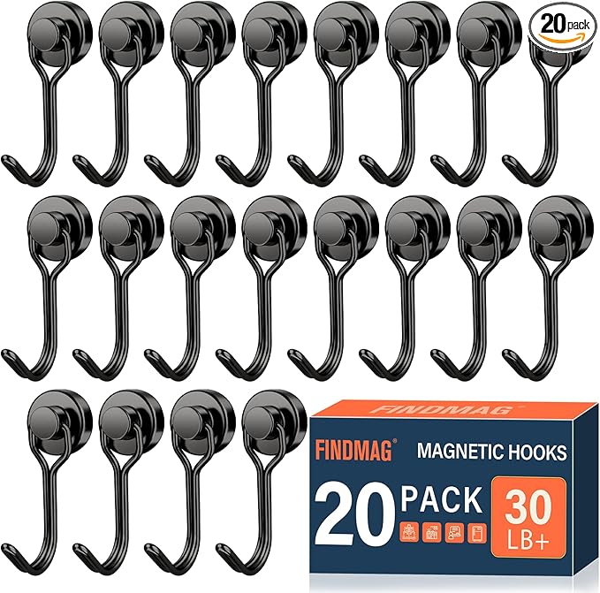 FINDMAG Black Magnetic Hooks, 30lbs+ Strong Magnetic Hooks for Refrigerator, 2026 Cruise Ship Essentials, Swivel Swing Magnet Hooks for Garage, Home Organizaton, Whiteboard, Office Supplies - 20 Pack