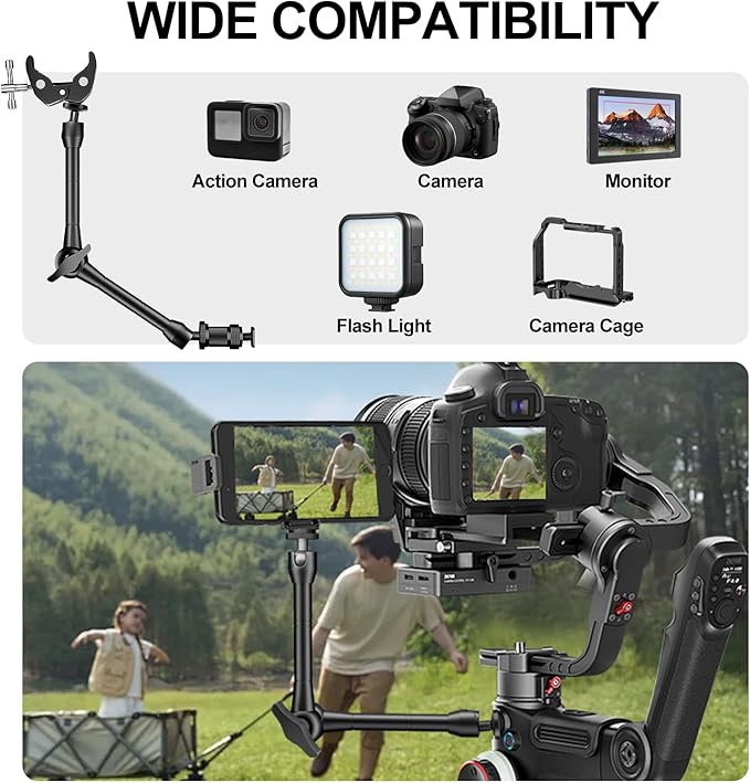 Magic Arm with Super Clamp Kit, 9.8" Adjustable Magic Arm Camera Mount with 1/4" & 3/8" Threads, 360° Rotation Adjustment for Monitor Flash LED Light Microphone Camera Cage Action Cam