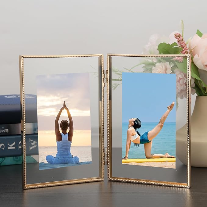 Gold 4x 6'' Double Floating Frame, For Photo Sizes (2 x3'' 3.5x 5'' up to 4x6'' ), Beautiful Metal Lace Edge Frames Adjustable Tabletop/Shelf Photo Frame, Classy Gift Choice for Wedding, Thanksgiving,