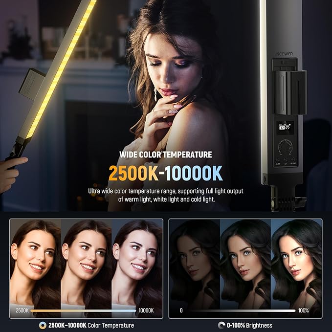 NEEWER Photography RGB Light Stick Kit, 2 Pack LED Video Tube Lights w/Stands, Diffusers, 3250Lux Dimmable Light Wand 2500-10000K CRI95+/TLCI97+ APP/2.4G/Panel Control for Live/Videos/Vlog, BH20C