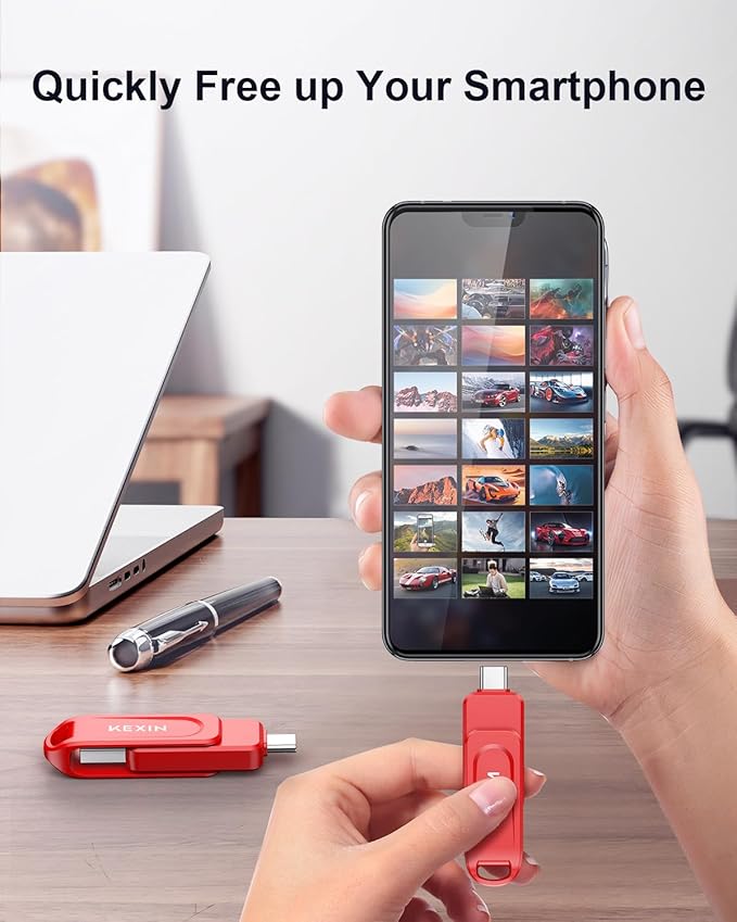 KEXIN 256GB Flash Drive Dual USB C Thumb Drive USB-A & Type-C 100MB/s Swivel USB Drive 256GB for Tablet iPhone 15/16 Car Game Console, Red