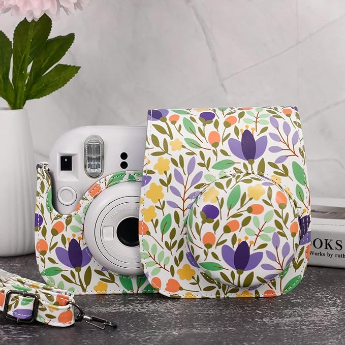 Frankmate Protective Case Fit for Fujifilm Instax Mini 12 11 9 8 Camera, PU Leather Camera Bag with Pocket and Adjustable Shoulder Strap (Flowers Green)