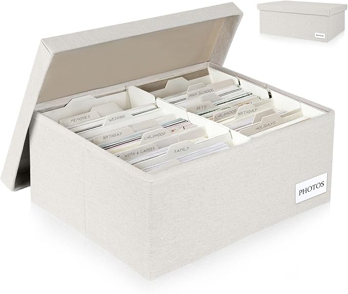 Himake Decorative Photo Storage Box - Linen Photo Box Organizers with Dividers, Fits Holds Up to 1700 Photos in 5x7 inch Size, Portable Scrapbook Storage Containers with Lid (Beige)