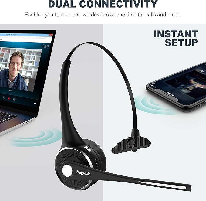 Trucker Bluetooth Headset with Microphone, Wireless Cell Phone Headset with Noise Canceling Mic Charging Base Mute Function for Home Office Call Center Skype (Black&Silver)