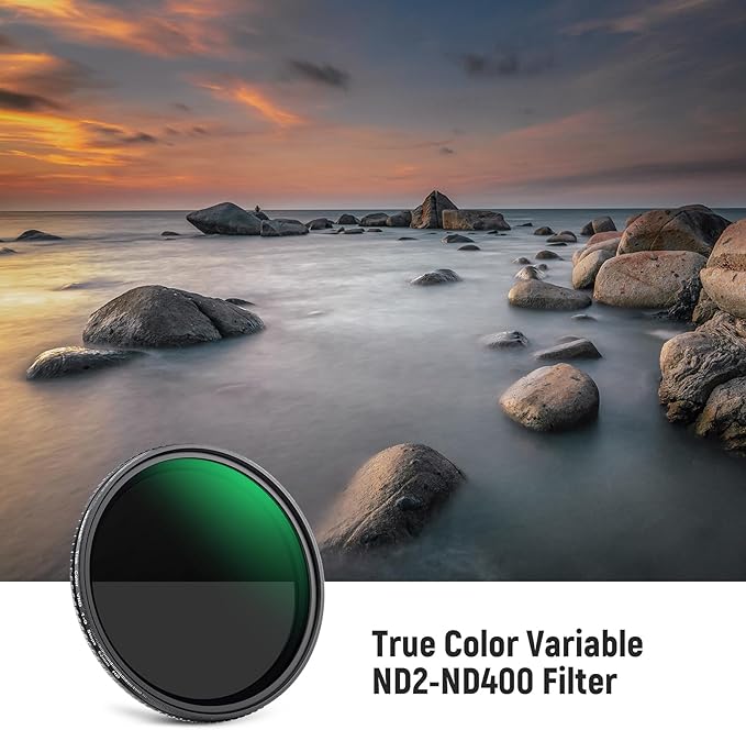 NEEWER 62mm True Color Variable ND2-ND400 Filter, Hard Stops Adjustable Neutral Density VND Filter with Multi Coated HD Optical Glass/Aluminum Frame/Water Repellent/Scratch Resistant