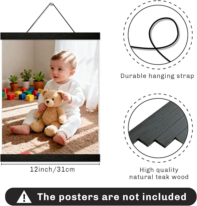 YK artwood 3 Pack Magnetic Poster Hanger Frame 12 inch Black,12x16 12x18 12x20 12x24 Wood Magnet Frames Hangers for Photos, Pictures, Prints, Maps, Canvas Artwork,Diamond Art Painting,Canvas Hanger