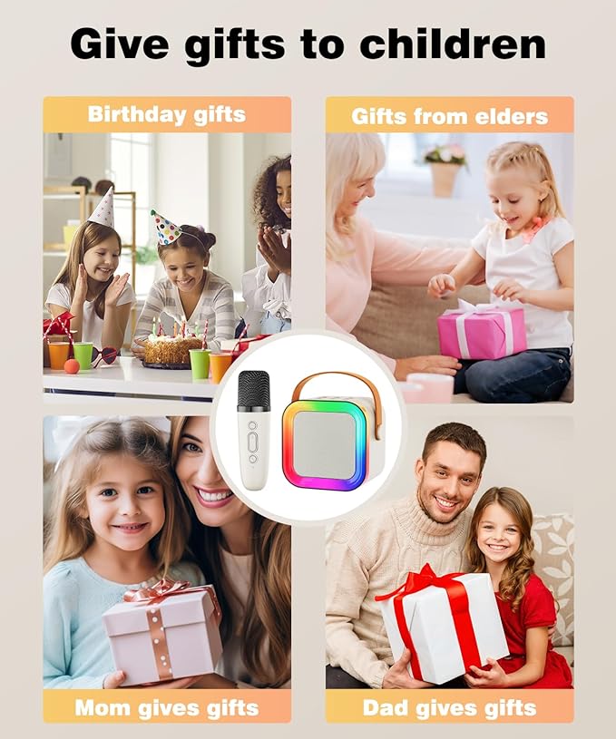 Mini Karaoke Machine Speaker for Kids Adults,Portable Bluetooth with 2 Wireless Microphones,Christmas Birthday Gifts Toys Girls Boys Ages 4, 5, 6,7, 8,9,10,11,12+ Years Old Toddler (Off-White - 2 Mic)