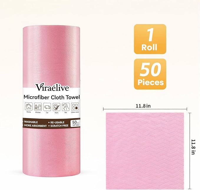 Microfiber Cleaning Cloth Roll, 50 Pack, Absorbent Reusable Towels for Kitchen, Durable Lint-Free, Scratch-Free Dish Rags for Home, Workshop & Screens, Pink Wave Pattern, 12 x 12 in
