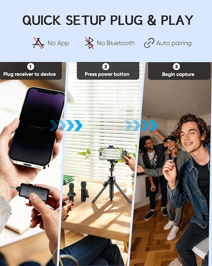 Wireless Mini Lavalier Microphone for iPhone - 3 in 1 Bluetooth Microphone with Noise Reduction, Plug & Play Lapel Mic for iPad Android, 360°Clip Mic for Video Recording Vlog YouTube TikTok Podcast