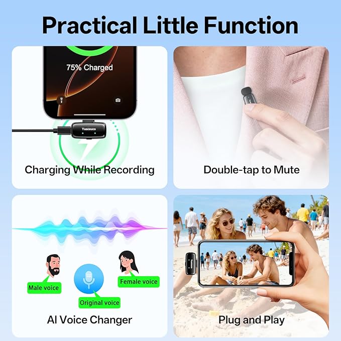 Mini Wireless Lavalier Microphone for iPhone ipad Android, Noise Reduction and Mute, 33h Charging Case, AI Voice Changer, 131FT Range, Mini Lapel Mic for Video Recording, Vlogging, YouTube