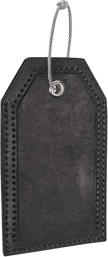 Genuine Leather Set of 2 Luggage Tag with Full Back Privacy Name ID Card Stainless Steel Loop Suitcase Labels Identifiers Baggage Tags Luggage for Women Men Travel (Black)
