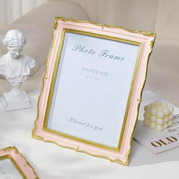 Cuspin 8x10 Picture Frame Pink Vintage Frame, Ornate Pink and Gold Picture Frame with Glass Front Handcrafted Resin Frames, Antique Textured Design for Wall Hanging & Tabletop Display