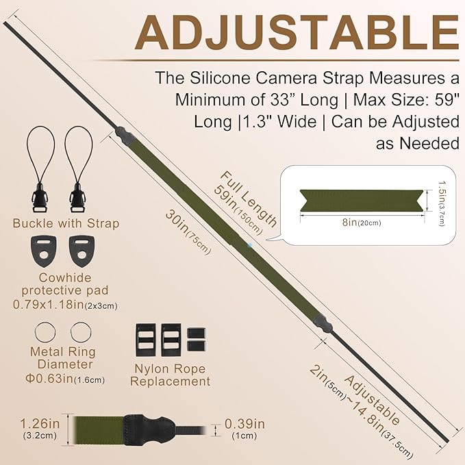Neck Strap Silicone Camera Straps - Padded Camera Strap, 1.5" Wide Adjustable Nylon Shoulder Strap - Compatible with Canon, Nikon, Sony, and More DSLR and Mirrorless (Army Green)