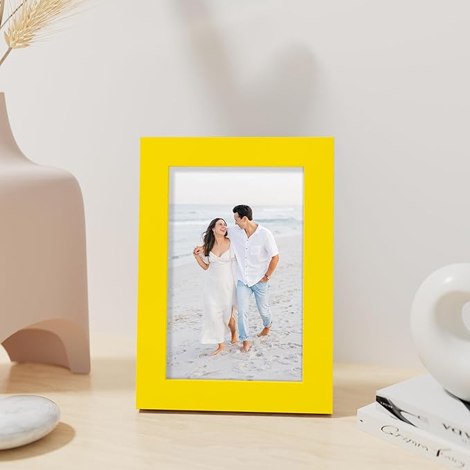 Vittanly 4x6 Picture Frame, Made of Solid Wood and Shatterproof Plexiglass, Wooden Photo Frame for Wall Mounting or Tabletop Display, Picture Frame for Home Decor with Stand, Yellow, 1 Pack