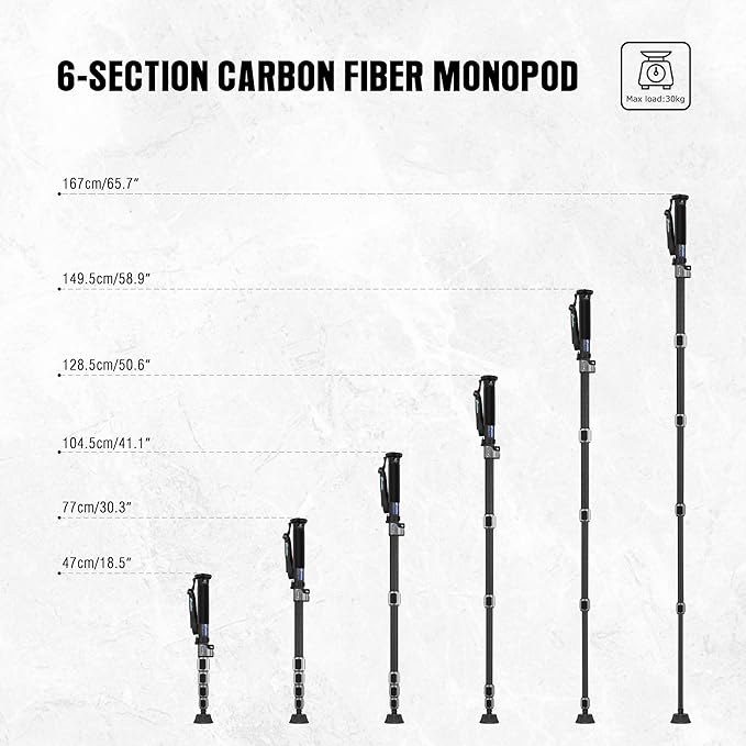 LEOFOTO Carbon Fiber Camera Monopod, Lightweight Travel Monopod with Quick Lock System for DSLR, DV, Video Camcorder, Phone Holder, Weight 0.6kg/1.32lb, Maximum Load 30kg/66lb